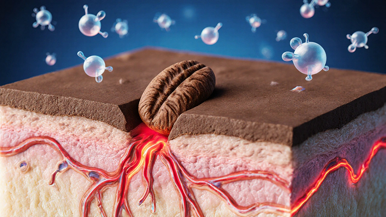 Křížový řez kůže s kakaovými flavonoidy a zvýšeným krevním oběhem.