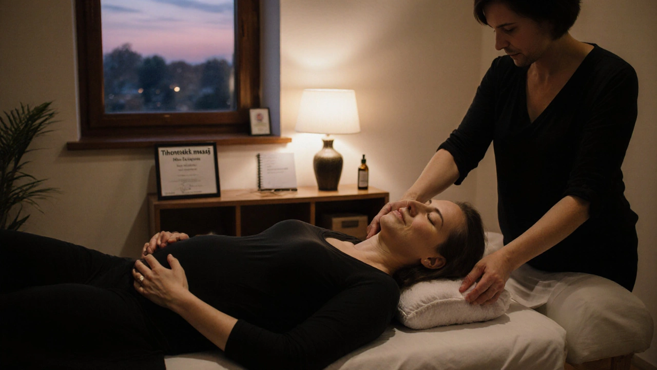 Těhotná žena s partnerem, kteří spolu vytvářejí klidnou chvíli po masáži, s teplou láhví a certifikací na pozadí.