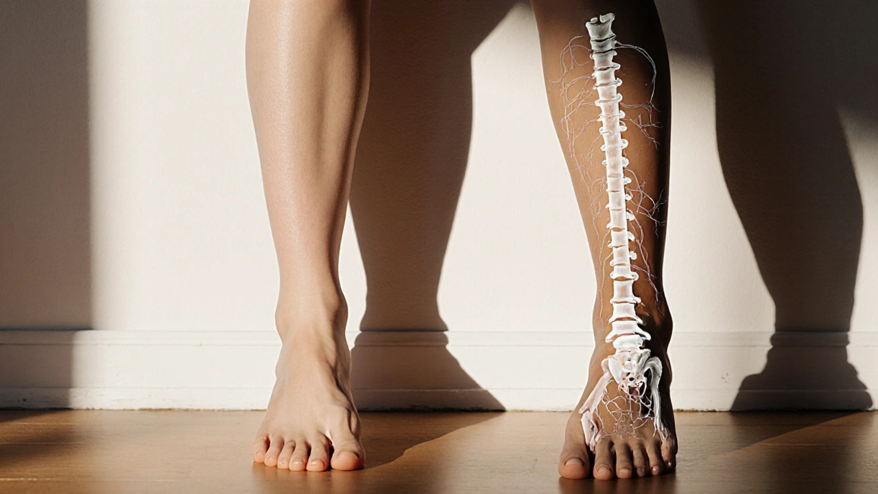 Dvě nohy na podlaze — jedna vysoko, druhá rovnoměrně — symbolizující nerovnováhu a harmonii těla.