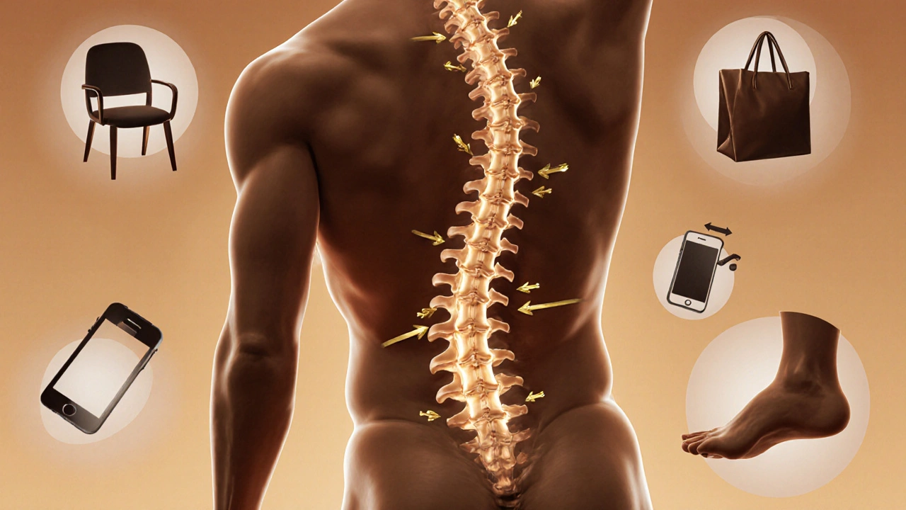 Klíčové posuny páteře a kyčle znázorněny zlatými šipkami, spolu s symboly sedavého života.