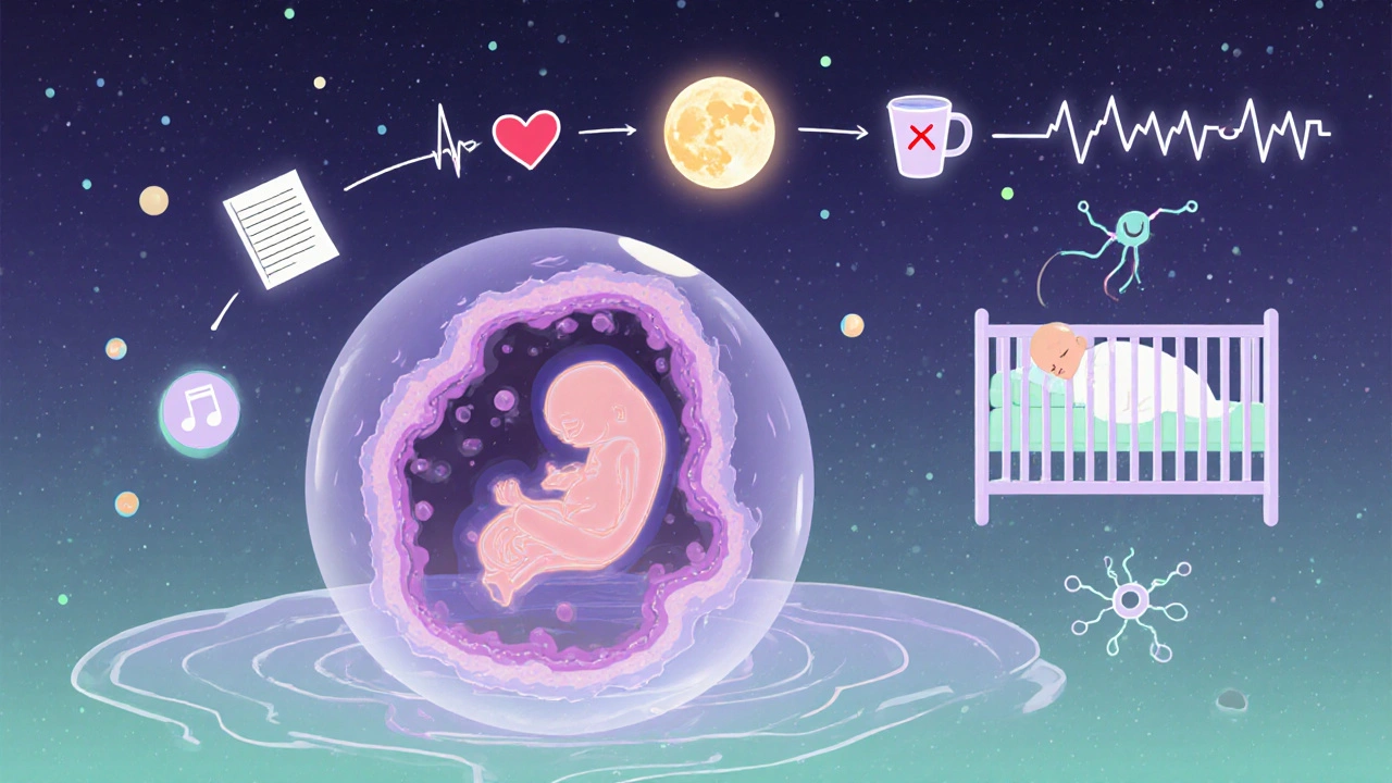 Konceptuální scéna plodu v děloze s symboly spánku a vývoje, přechod k novorozenci.