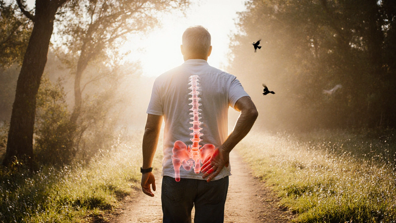 Muž chodí po cestě s přirozenou postavou, za ním průhledný obraz dřívějšího zkřiveného postavení.