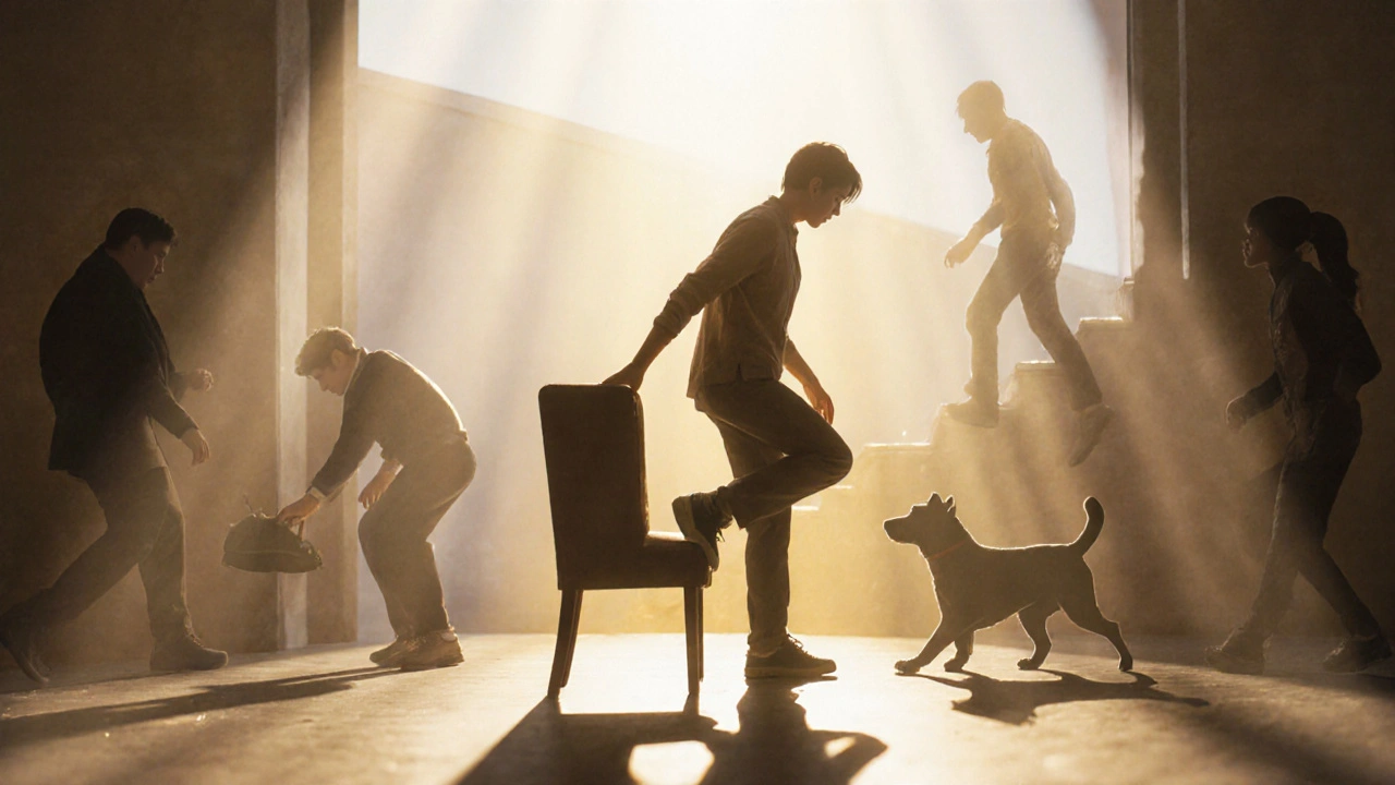 Osoba vstává z křesla bez bolesti, stín dřívější omezenosti se mění v světlo.