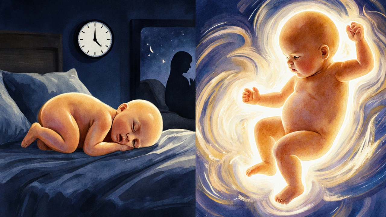 Plod ve třetím trimestru v aktivní a klidné fázi spánku, ilustrován vodovými barvami.