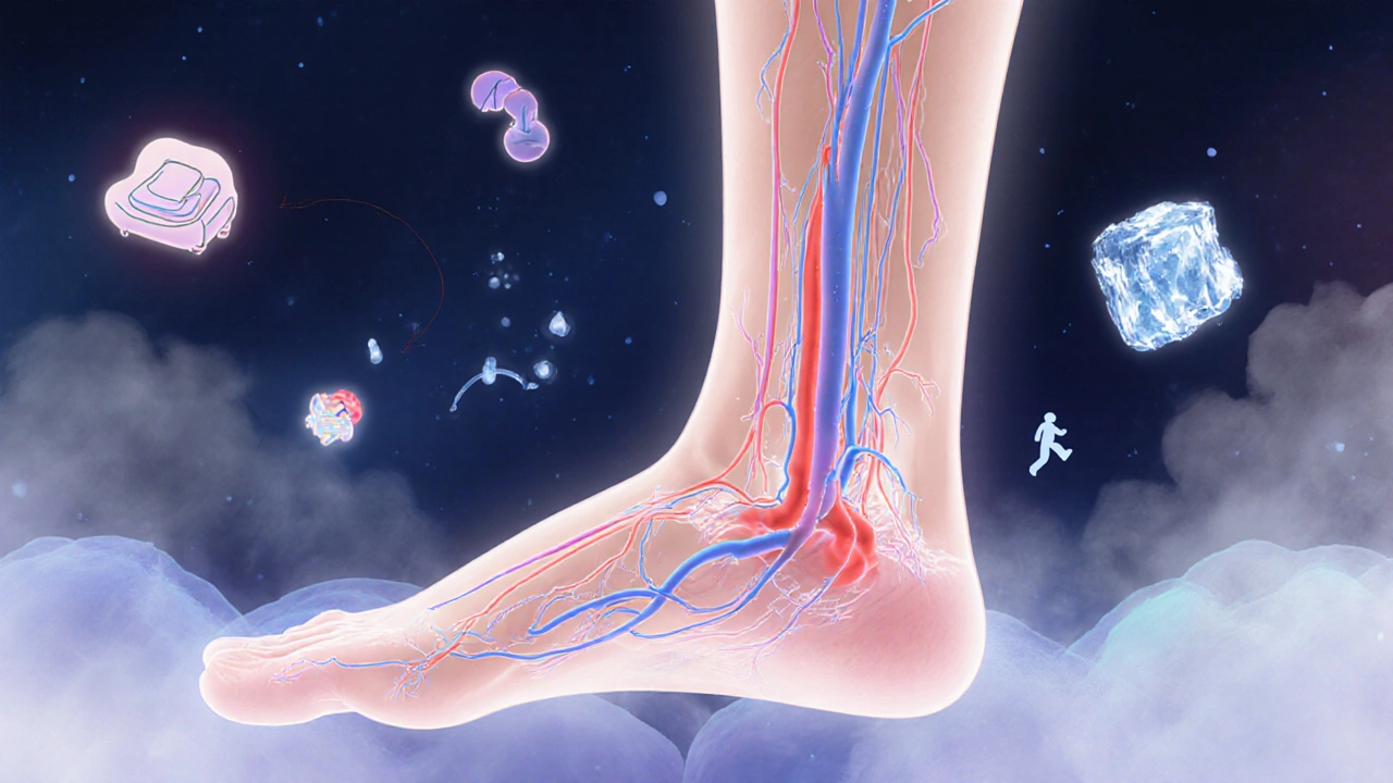 Přehled anatomy s lymfatickými cévami a tokem tekutiny směrem k uzlům.