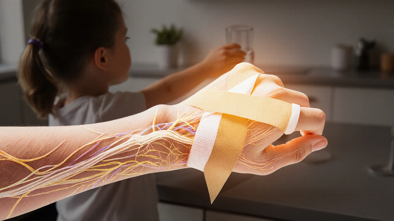 Přehled zápěstí s viditelnými anatomickými strukturami a X-tvarovým tejpem podporujícím tkáně.