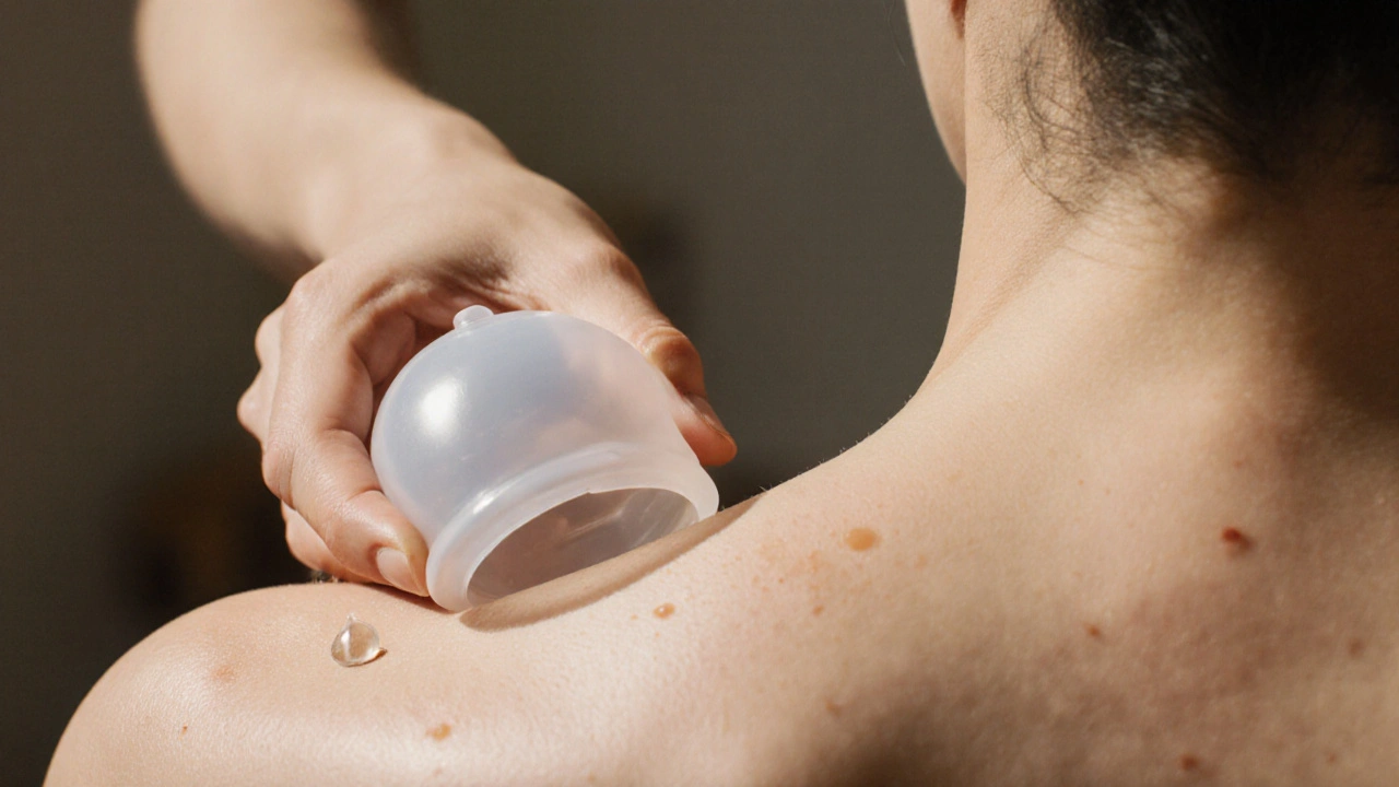 Příbuzný detail odstranění silikonové baňky z ramene s jemnými značkami na kůži.