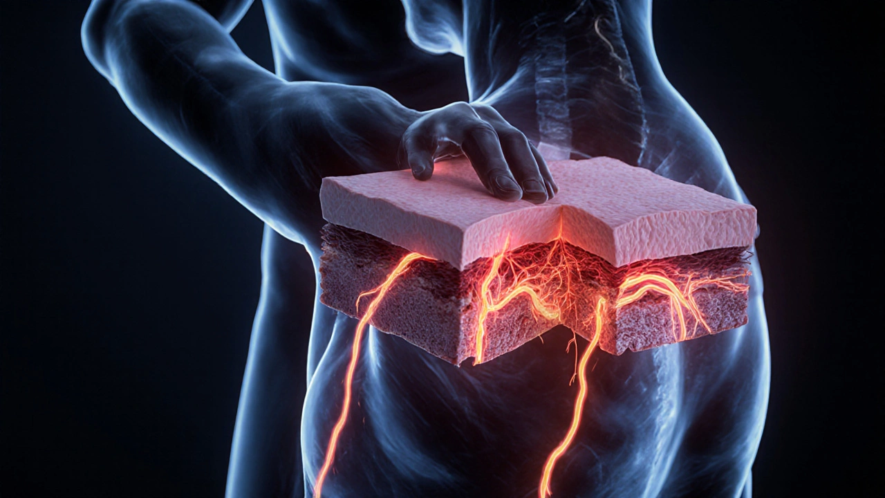 Průřez tkání ukazující uvolňování fascií a zvýšený krevní oběh.