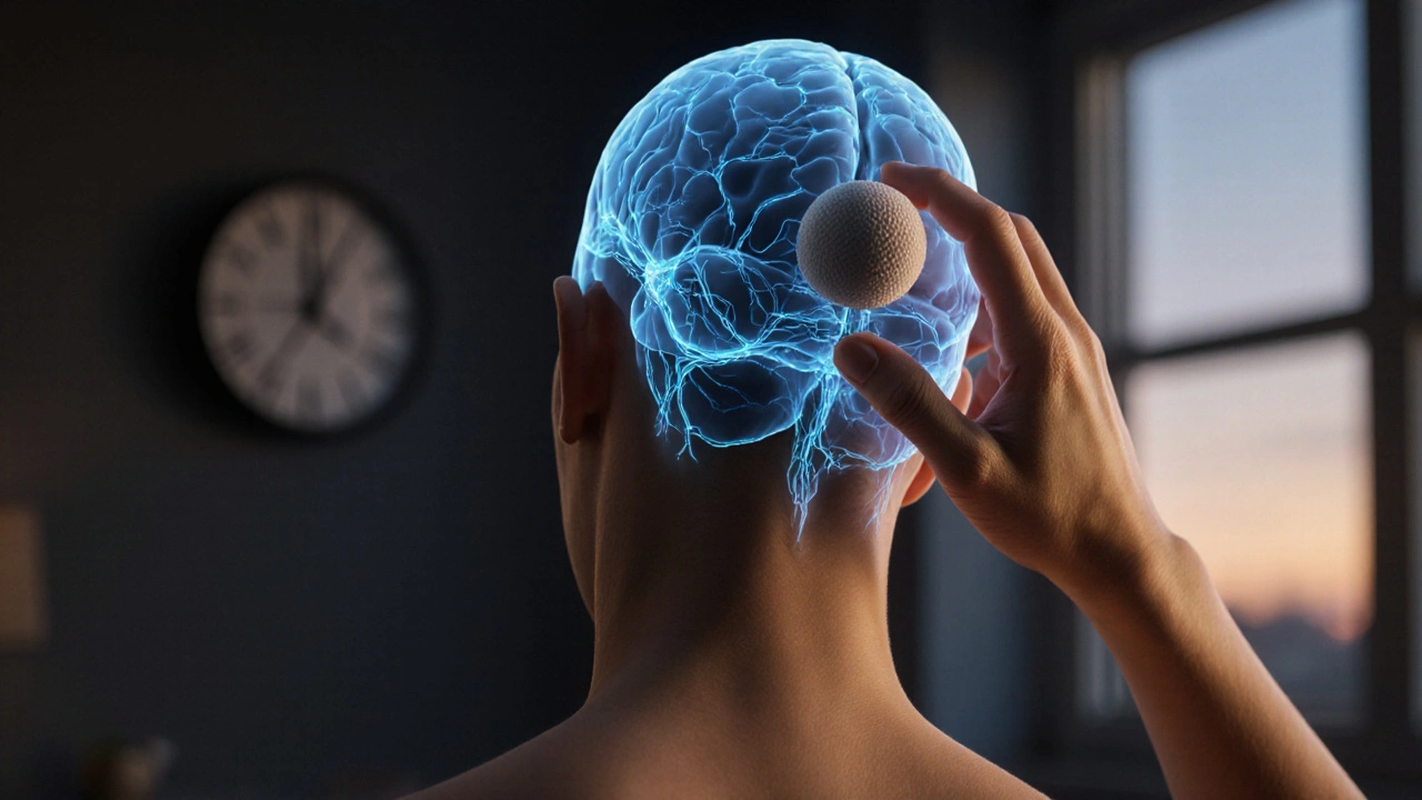 Ruka masíruje zátylek koulí, s přehledem nervových cest a večerním osvětlením.