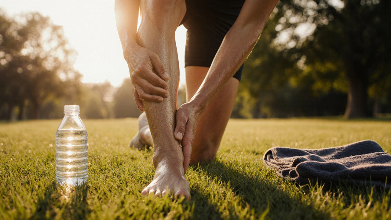 Sportovec si doma provádí samotnou lymfatickou masáž nohy po tréninku.