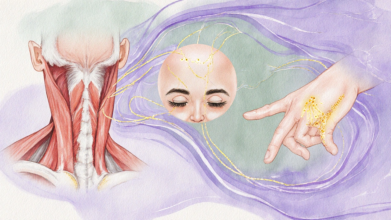 Tři klíčové oblasti napětí s označenými body tlaku ve vodové barvě.