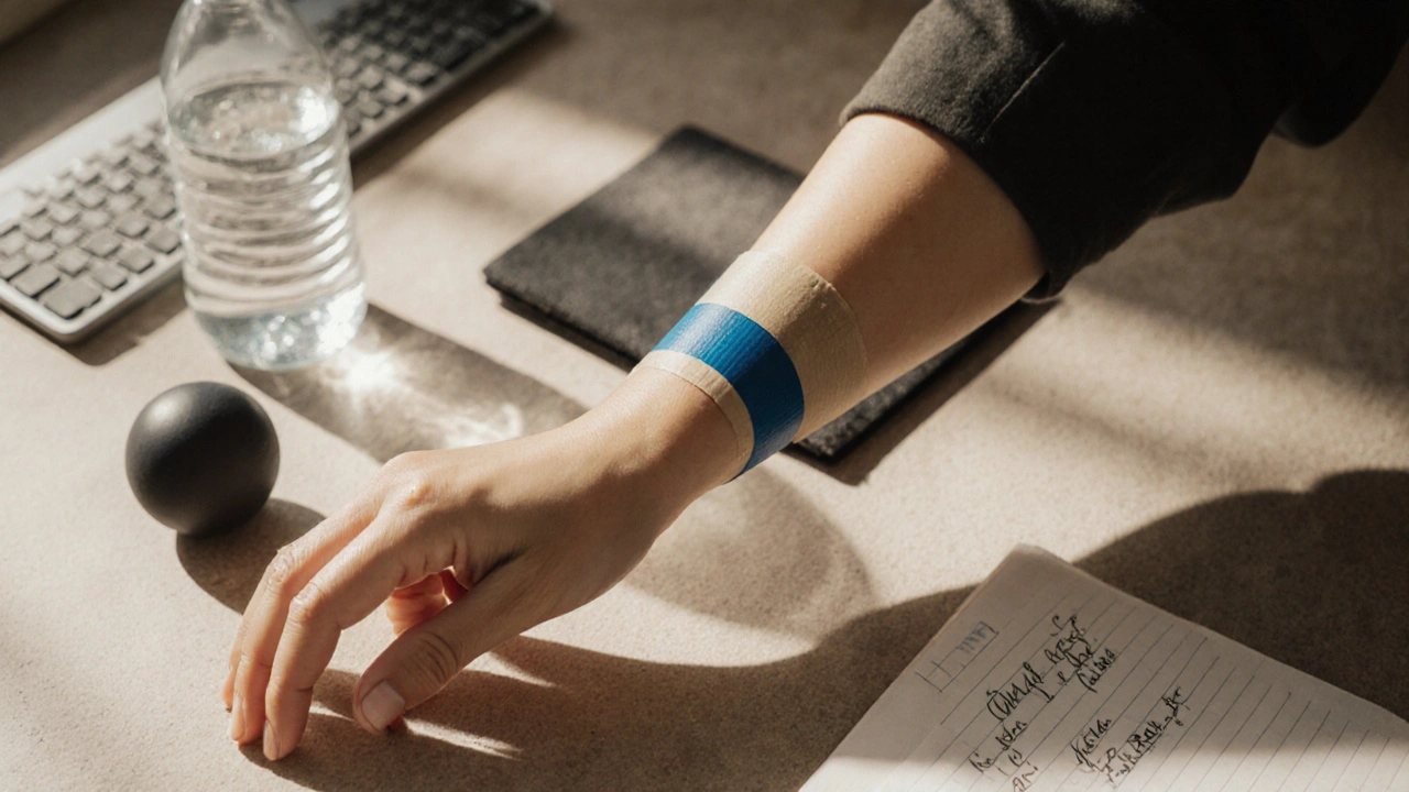 Zápěstí s částečně odpojeným tejpem a předměty symbolizujícími obnovu a odpočinek.