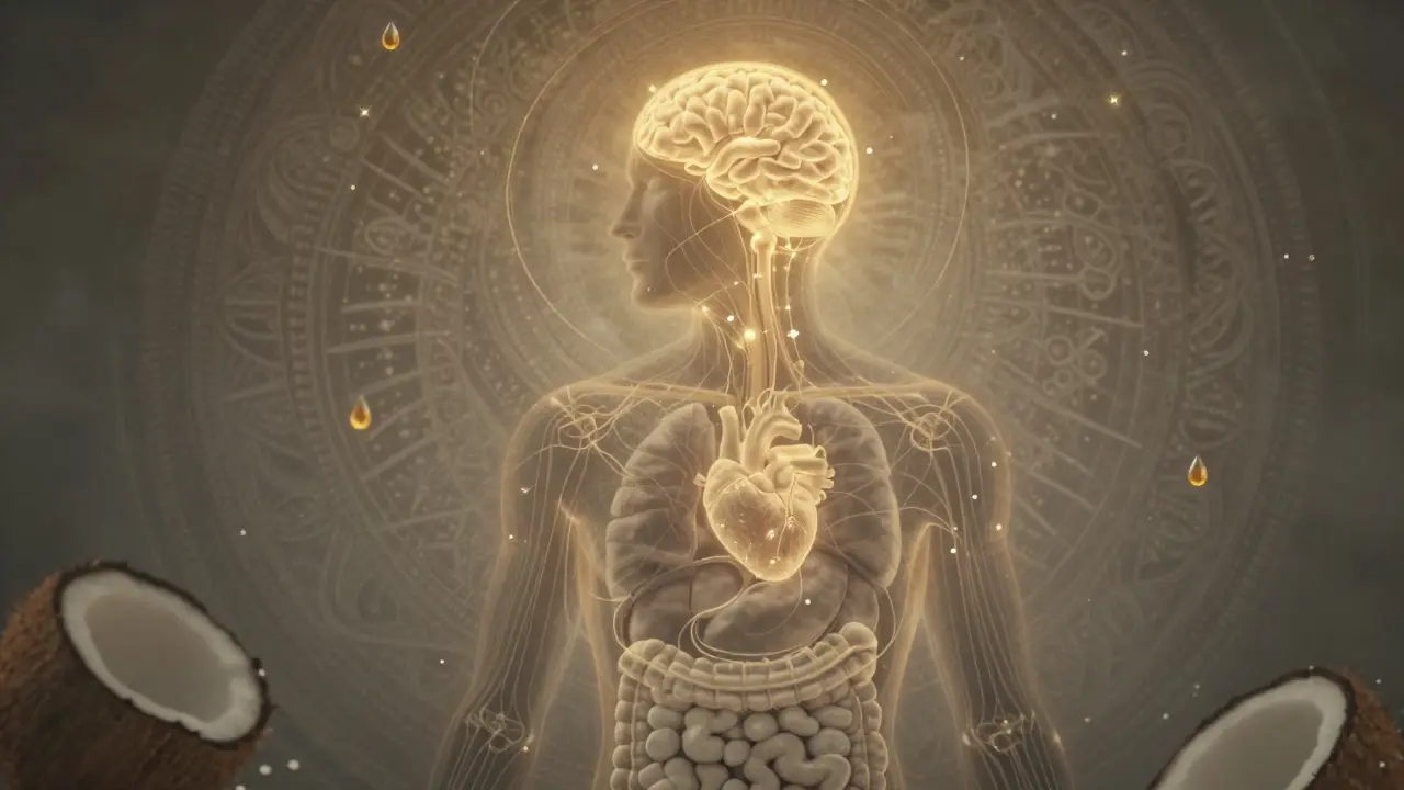 Abstraktní znázornění energetických bodů na hlavě propojených s orgány, s kapkami oleje jako hvězdami.