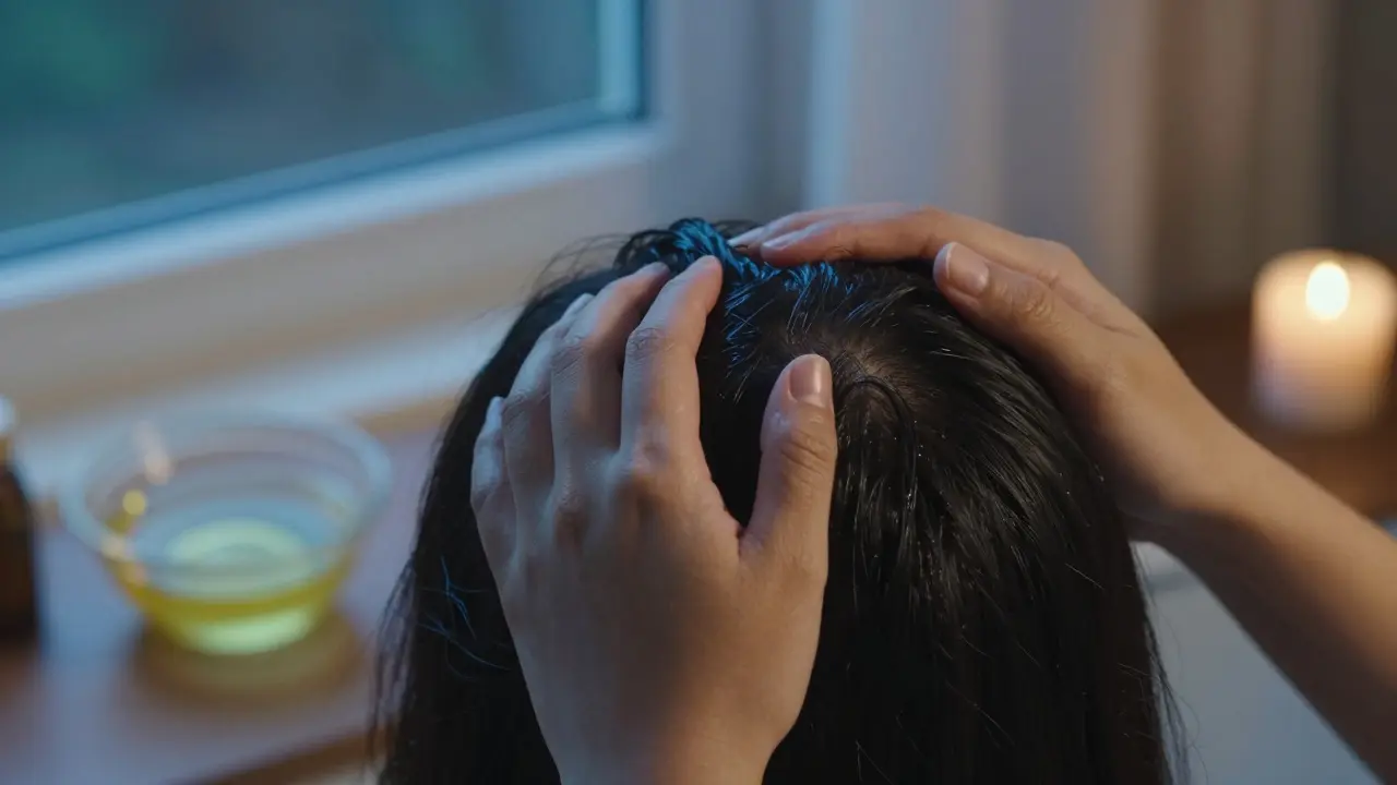 Člověk si doma masíruje hlavu rukama, teplý olej je vidět na vlasech a vedle je místečko s olejem.
