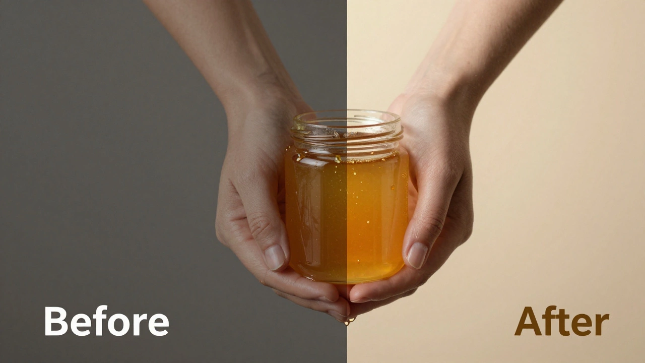 Dvě strany kůže – hrubá před a hladká po medové masáži, mezi nimi hrnek s nezpracovaným medem.