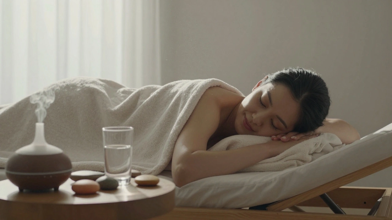 Klient po masáži odpočívá pod plátnem, s sklenicí vody a difuzérem vůně vedle sebe.