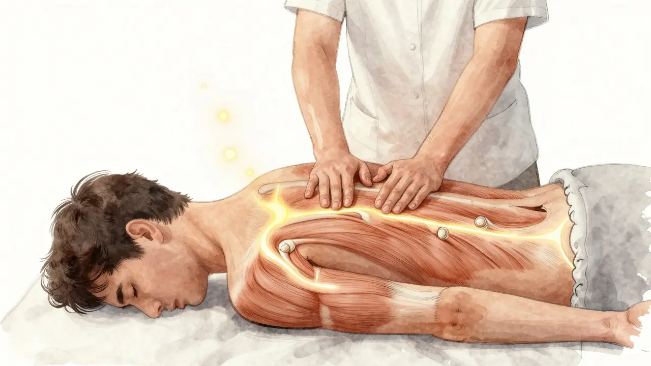 Masér provádí klasickou masáž záda, kolem něj se objevují vizuální symboly uvolnění a klidu.