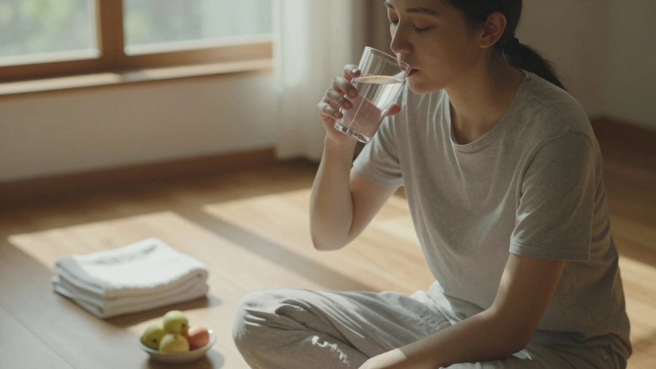 Osoba po masáži sedí a pije vodu, cítí klid a uvolnění, sluneční světlo osvětluje místnost.