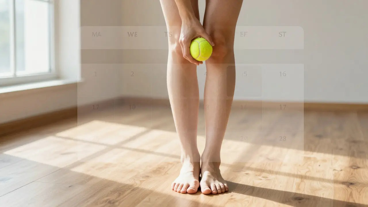 Osoba provádí samomasáž pomocí tenisového míčku na zádech v klidném domácím prostředí.