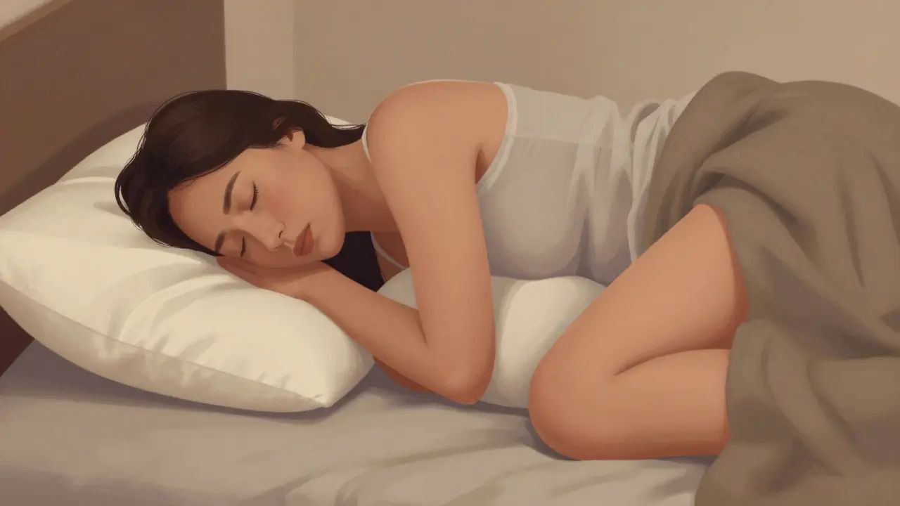 Osoba spí na boku s poduškou mezi nohama pro podporu kyčle.