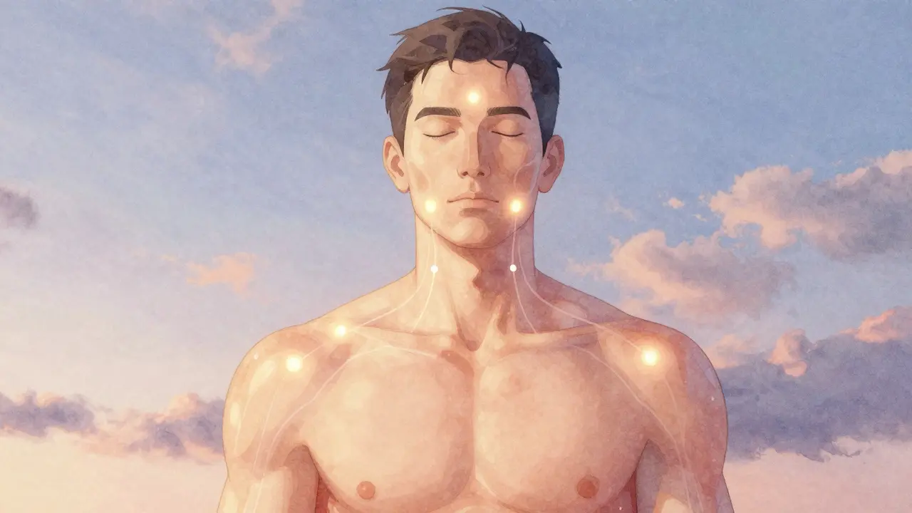 Pět klíčových bodů na těle označených jemnými světelnými tečkami, spojených proudy energie.