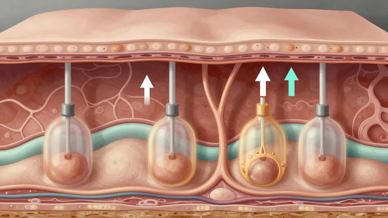 Přehled lidských tkání pod vakuovým tlakem s ukázkou zvýšeného průtoku krve a lymfy.