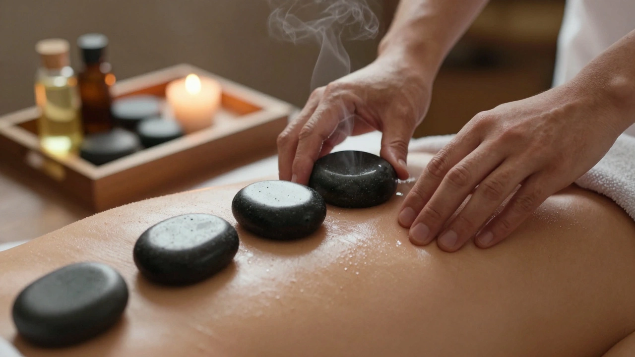Ruce terapeuty s teplými bazaltovými kameny masírují záda, s jemným leskem oleje na kůži.
