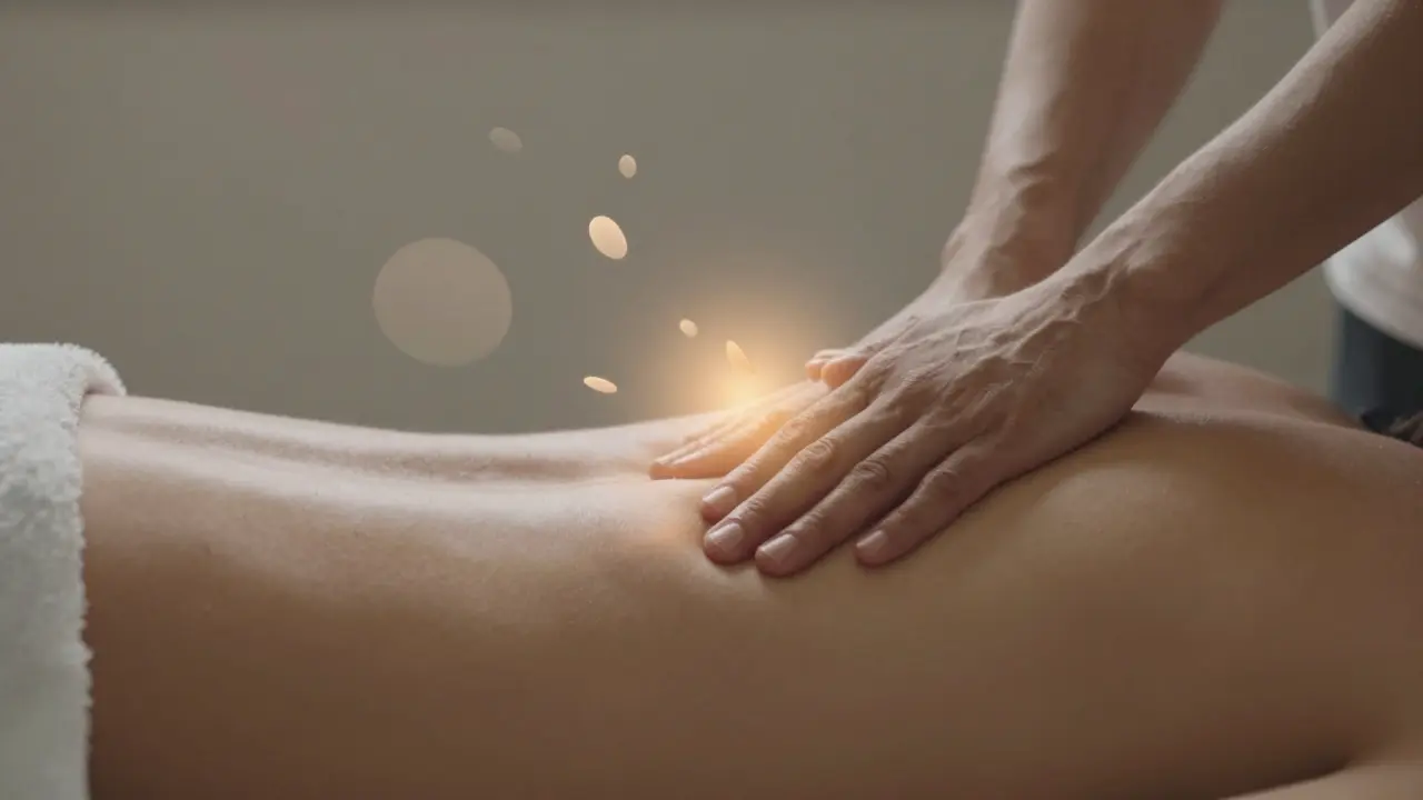 Ruka provádí rehabilitační masáž na bederní oblasti s teplým světlem.
