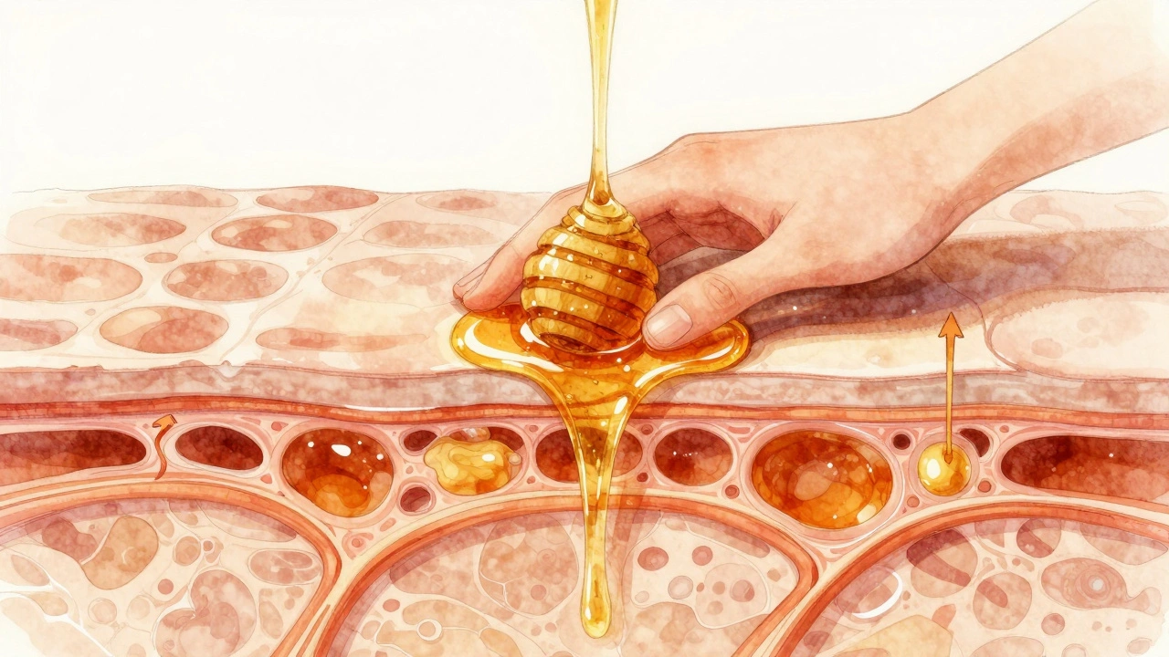 Uvnitř kůže: med podporuje odtok tekutin a krevní oběh, abstraktní znázornění spojivové tkáně.