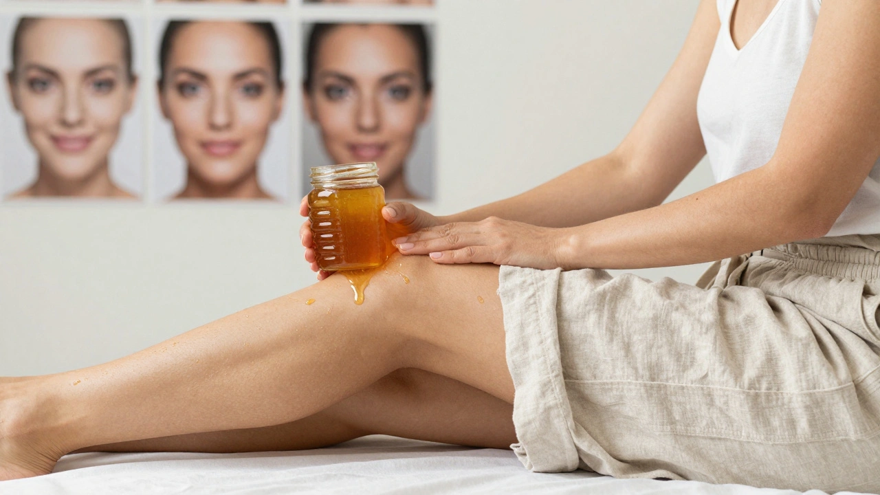 Žena po medové masáži, hladká kůže, drží přírodní med, cítí se sebejistě.