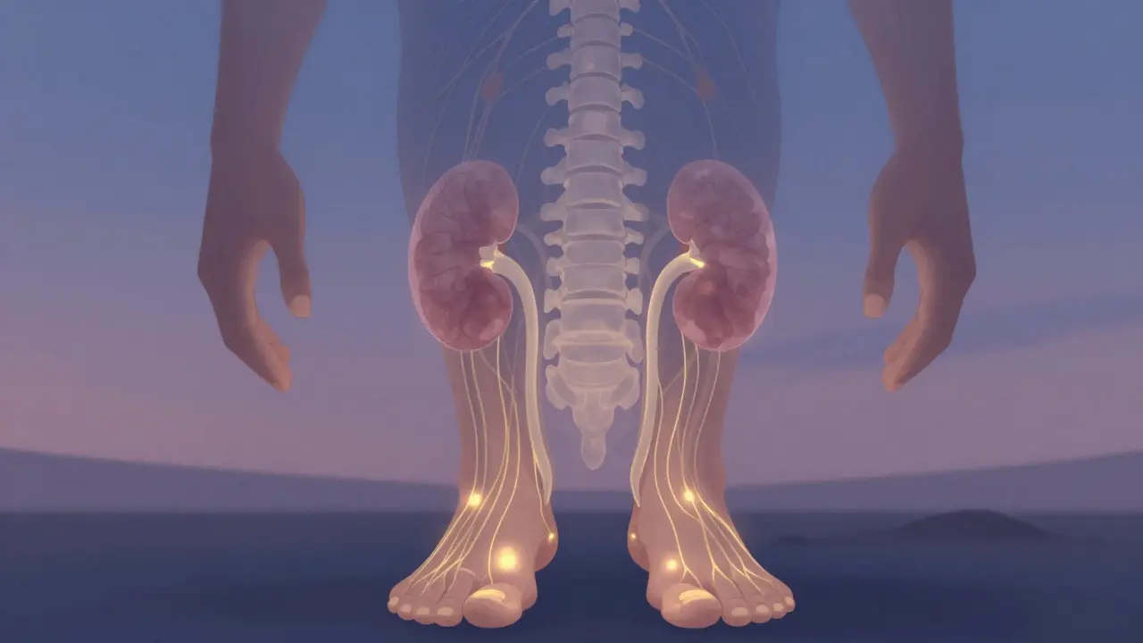 Abstraktní znázornění reflexních bodů na rukách a nohou spojených s orgány těla.