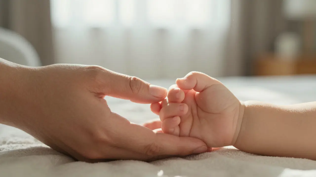 Dítě drží rodičovu ruku svými malými prsty v klidném okamžiku dotyku.