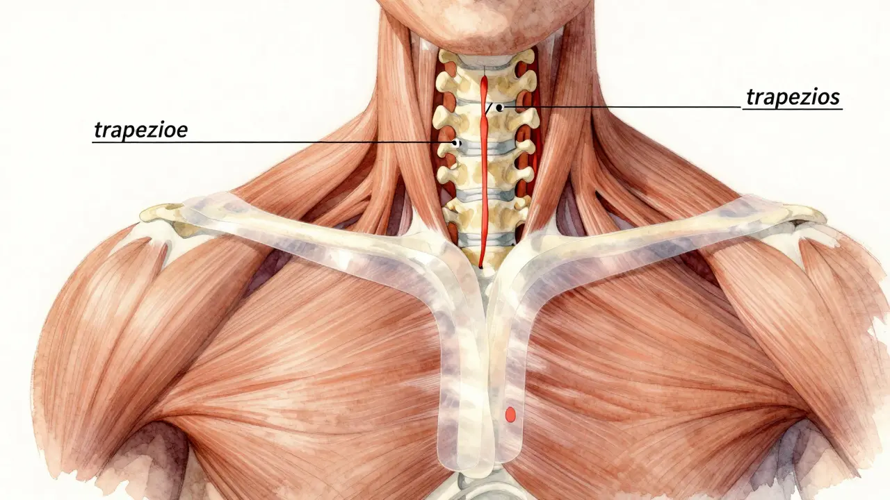Ilustrace krční páteře s přepráskanými teppy naznačujícími podporu svalů a zlepšení krevního oběhu.
