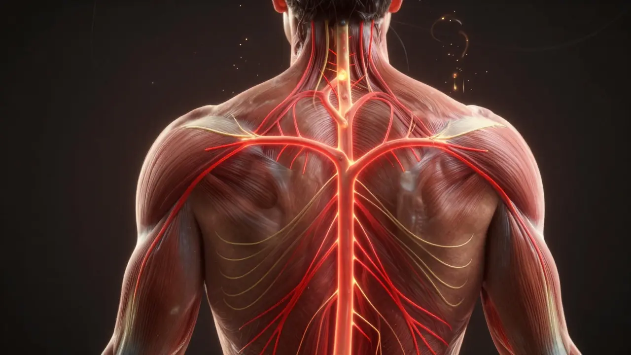 Koncepční znázornění krevního oběhu a lymfatického toku po baňkování na těle.