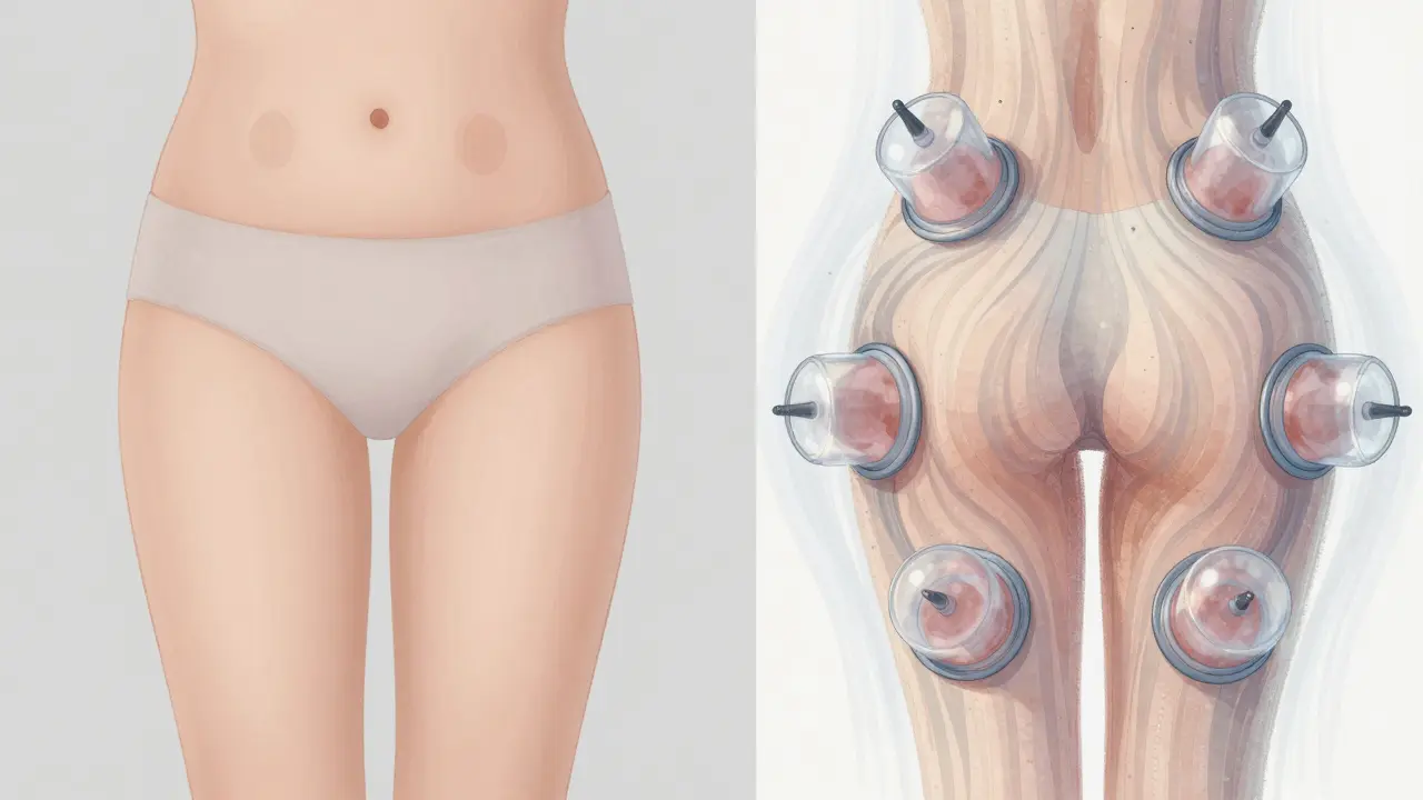 Porovnání klasického baňkování a vacupress: statické značky vs. pohybující se efekty na kůži.