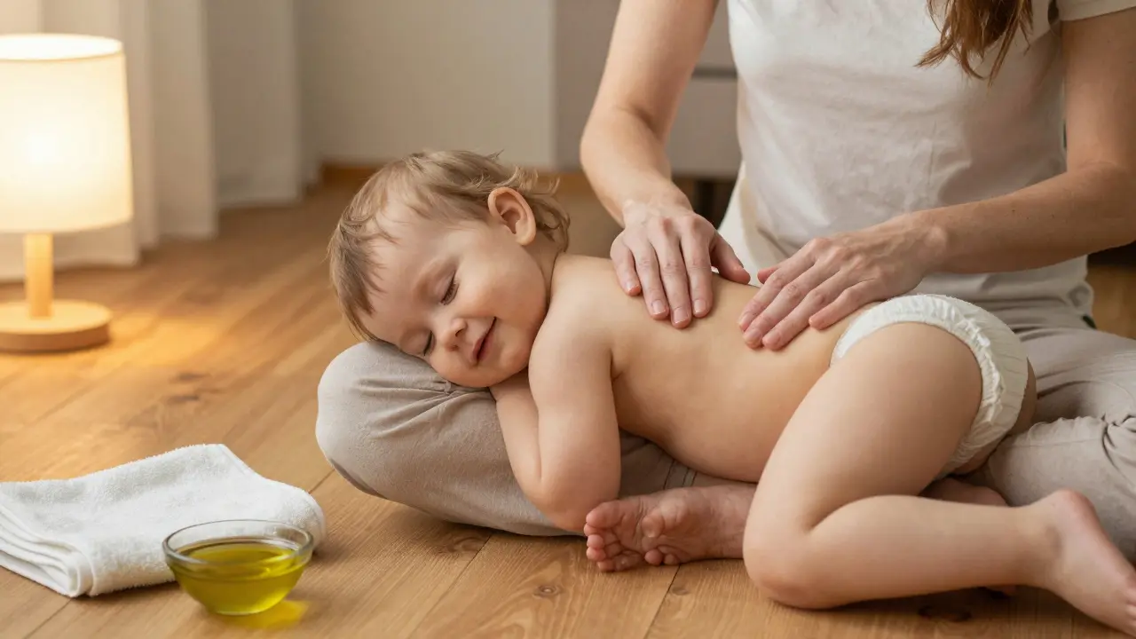 Rodič masíruje malé dítě na zemi s klidným výrazem obou tváří.