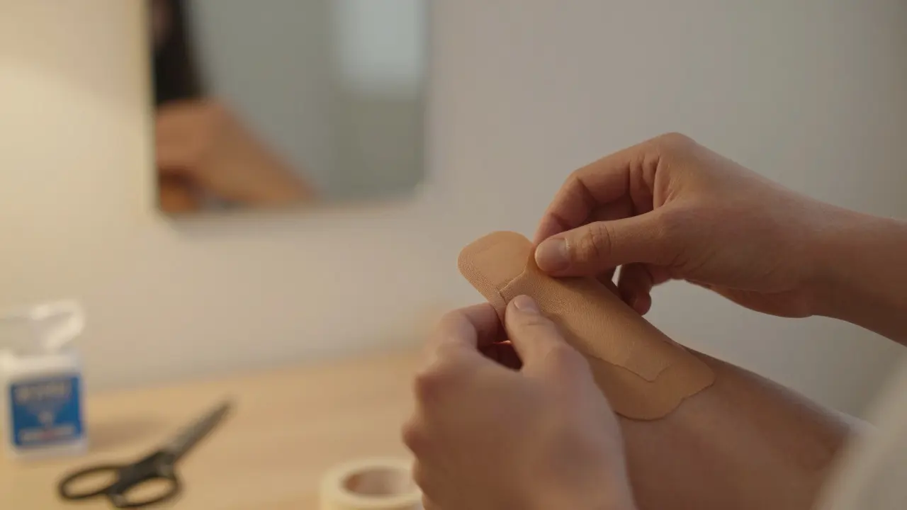Ruka upravuje odlepující se tejp na krku, v pozadí zrcátko a nástroje pro aplikaci.