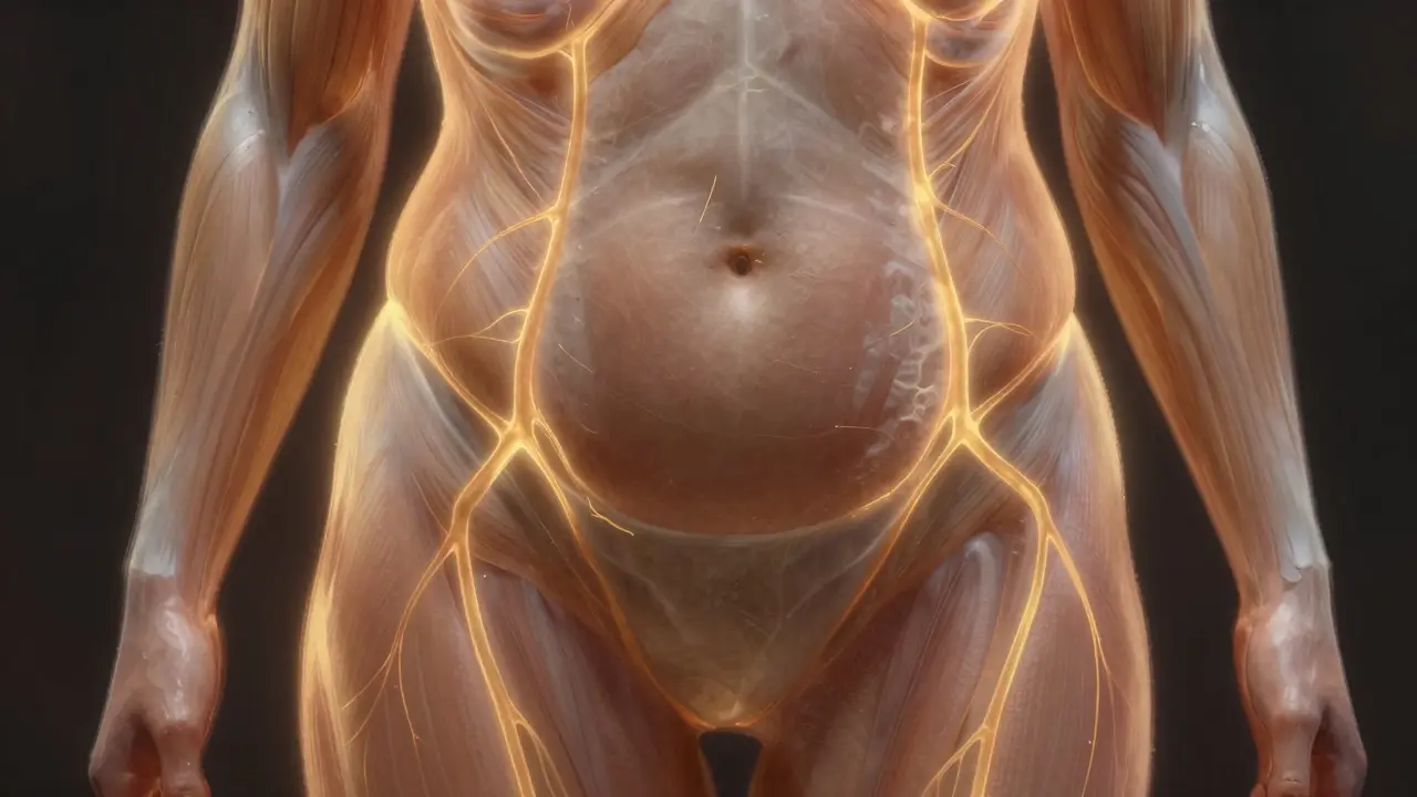 Translucenční obrázek těla s vykresleným zlepšením krevního oběhu a odtoku tekutin po vacupress.