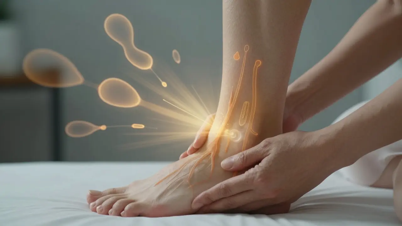 Detail ruky masírující nohu těhotné ženy s vizuálním znázorněním toku krve směrem vzhůru.