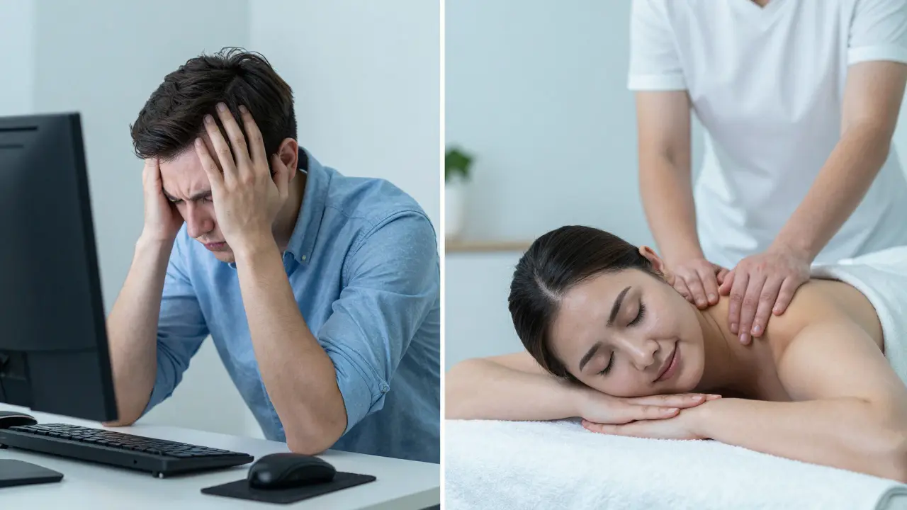 Dvě části obrázku: napjatý pracovník před počítačem a stejná osoba uklidněně v masážní místnosti.