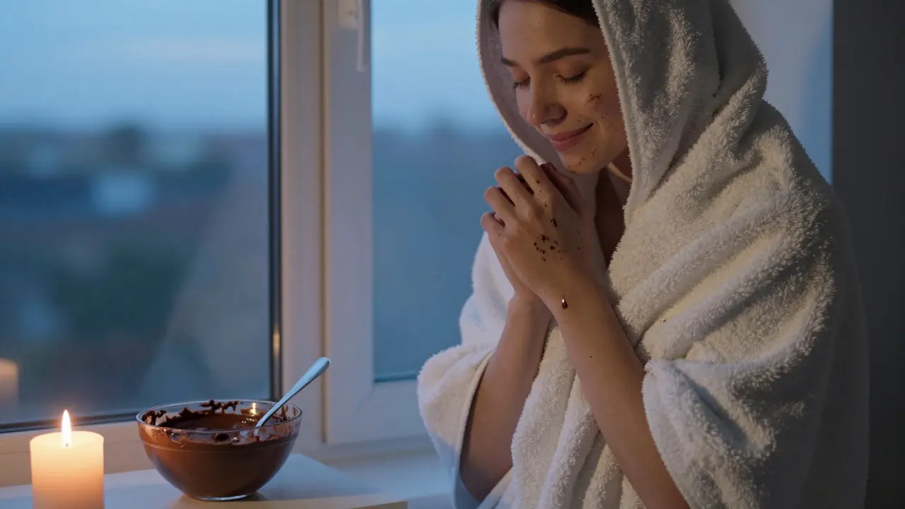 Osoba obalená do ručníku sedí u okna v soumraku, s očima zavřenýma, zatímco stopa čokolády zůstává na jejím zápěstí.