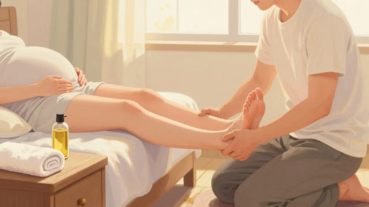Partner jemně masíruje nohy těhotné ženy, pohybující se směrem ke stehnům.