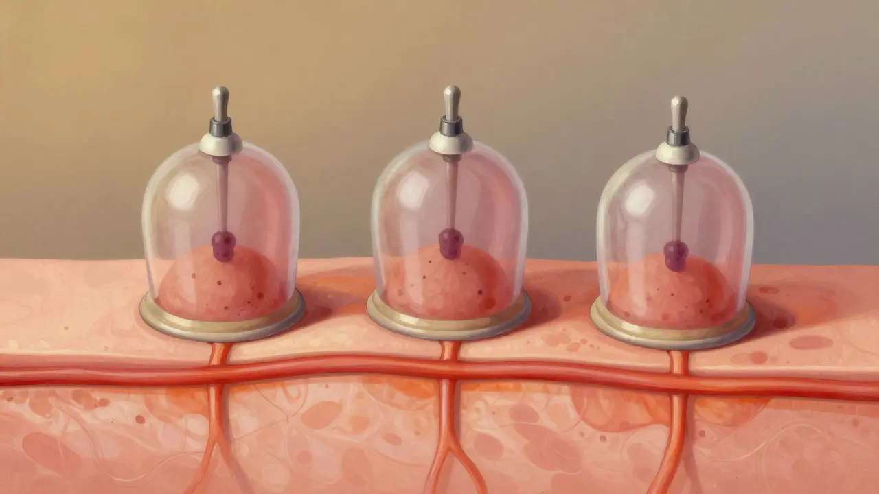 Průřez kůží a podkožní tkání s rozšířenými kapilárami během baňkování.