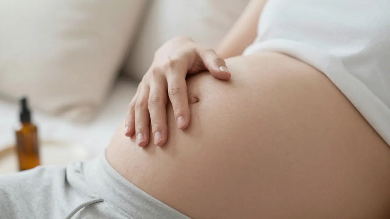 Ruka těhotné ženy jemně obkresluje obrys bříška kruhovými pohyby.