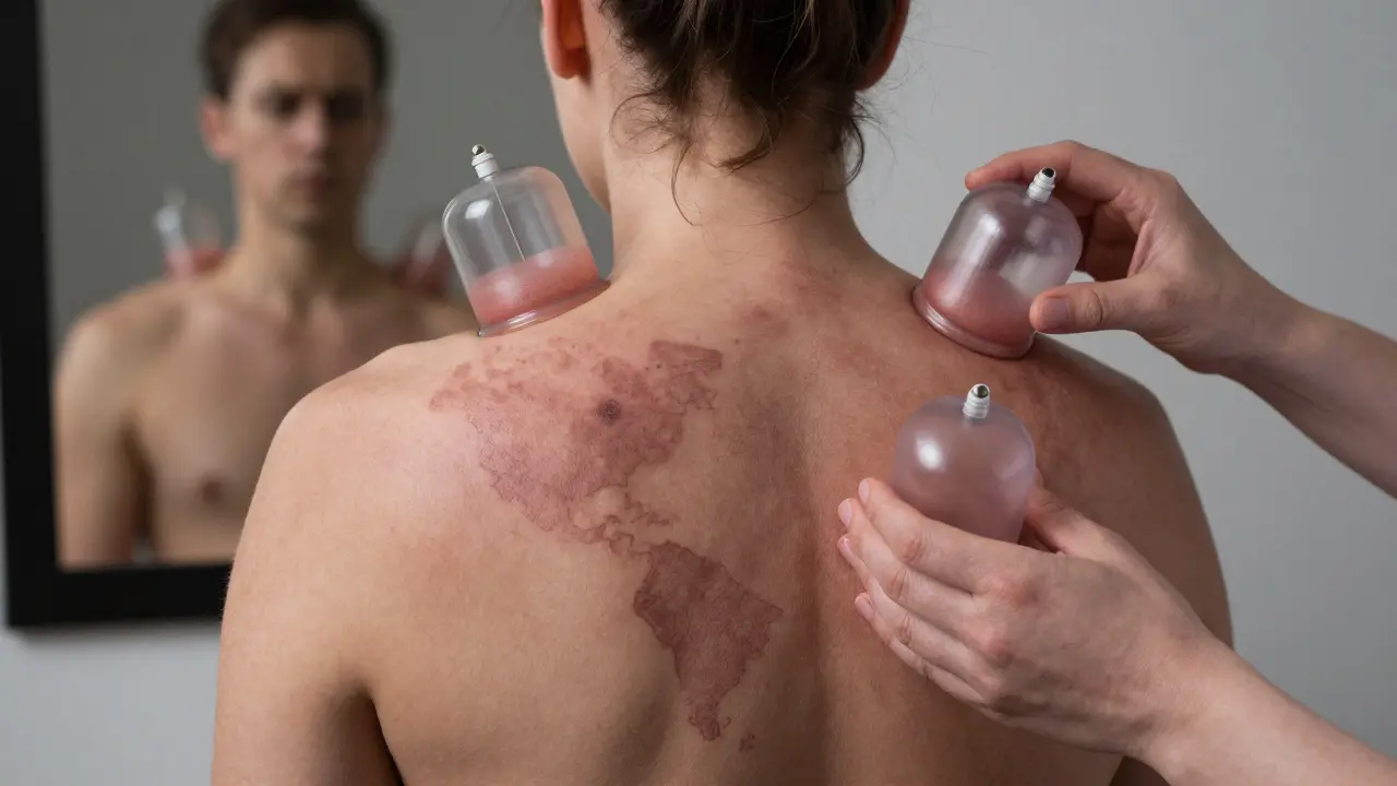 Tmavé modřiny na zádech z důsledku příliš dlouhého baňkování doma.