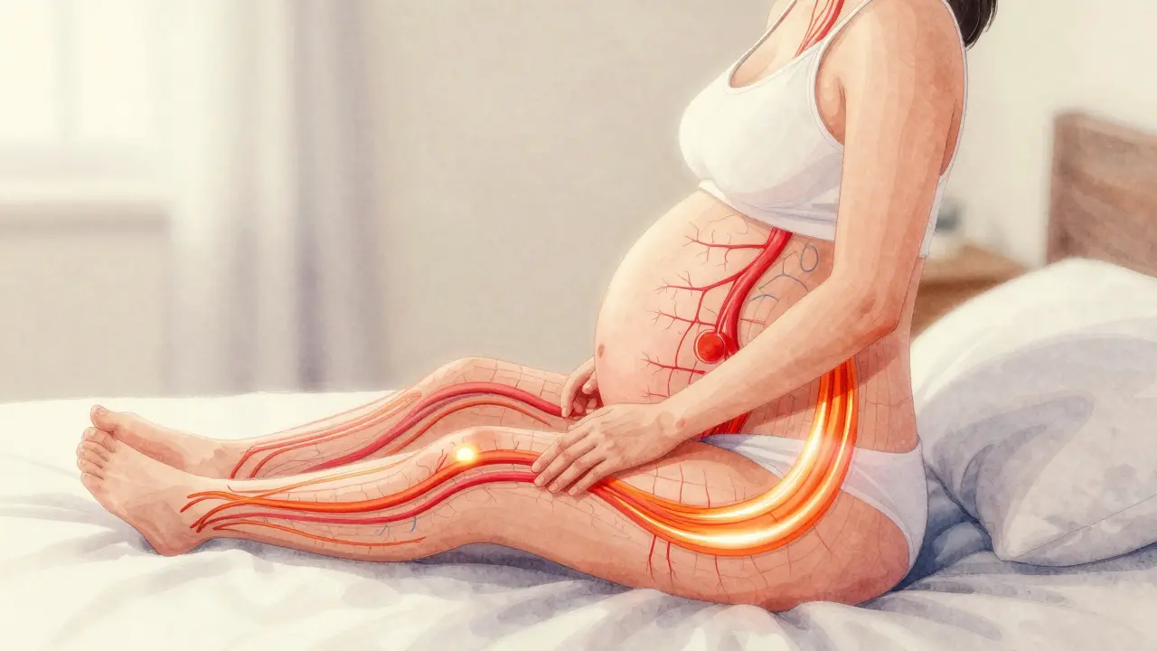 Umělecký náčrtek s grafickým znázorněním zlepšeného krevního oběhu u těhotné ženy po masáži.