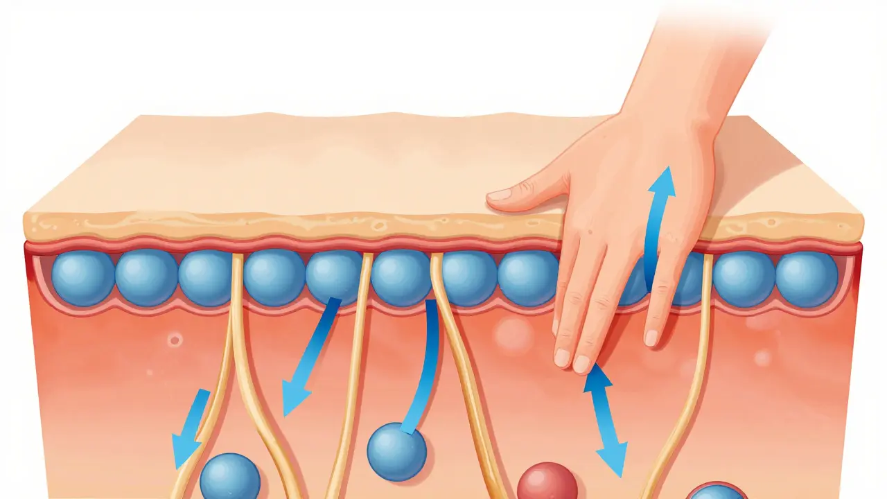 Vnitřní struktura kůže ukazující tukové buňky a pojivová vlákna před a po masáži.
