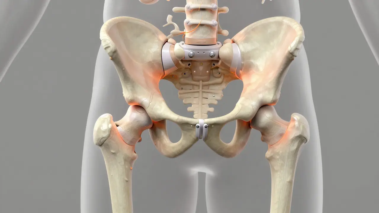 Abstraktní znázornění struktur kyčelního kloubu s důrazem na zátěž