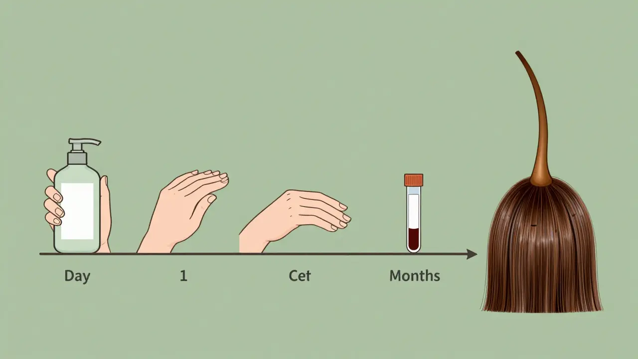Časová osa obnovy vlasů: od šamponu a masáže až po husté vlasy, symbolizující postupné zlepšení.