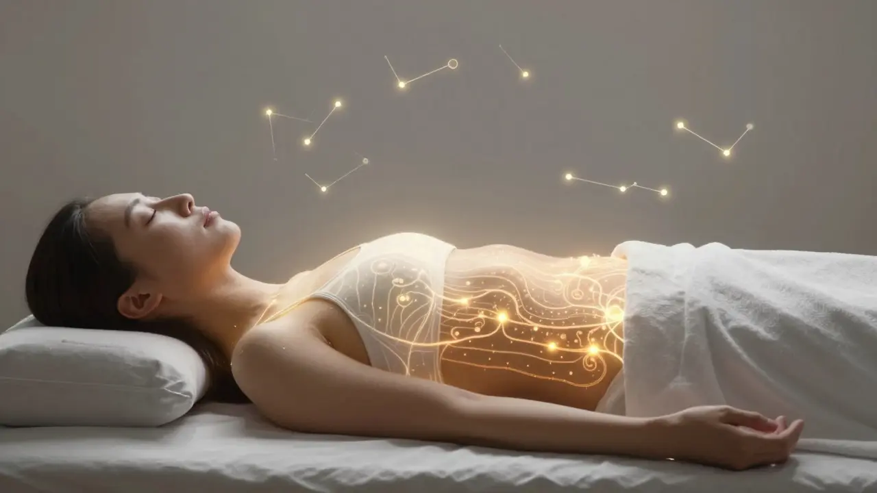 Člověk klidně spí po čínské masáži, z jeho těla vyzařuje jemné světlo energie.